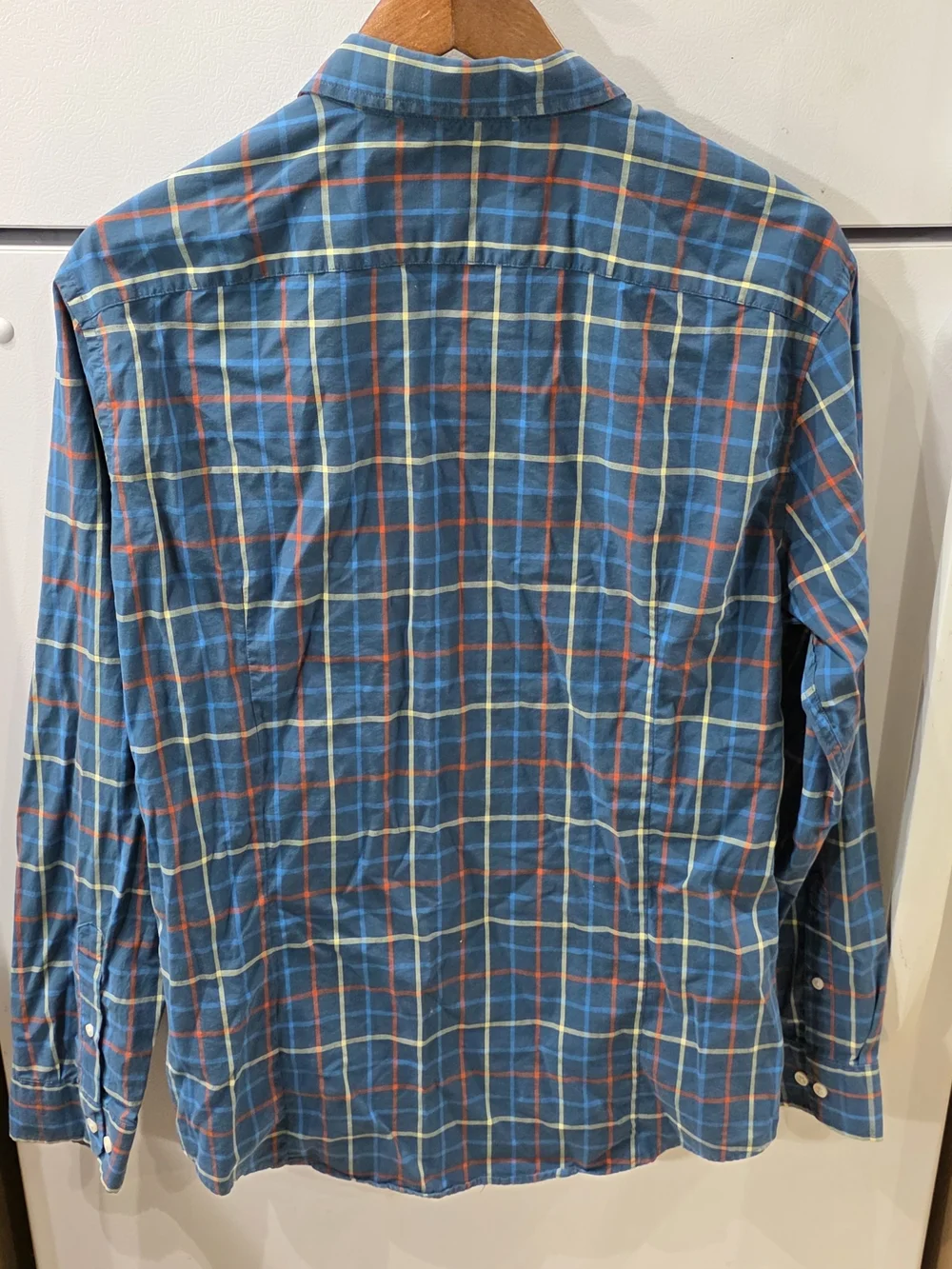 Banana Republic Blue Plaid Button-Up Shirt with Red and Yellow Accents